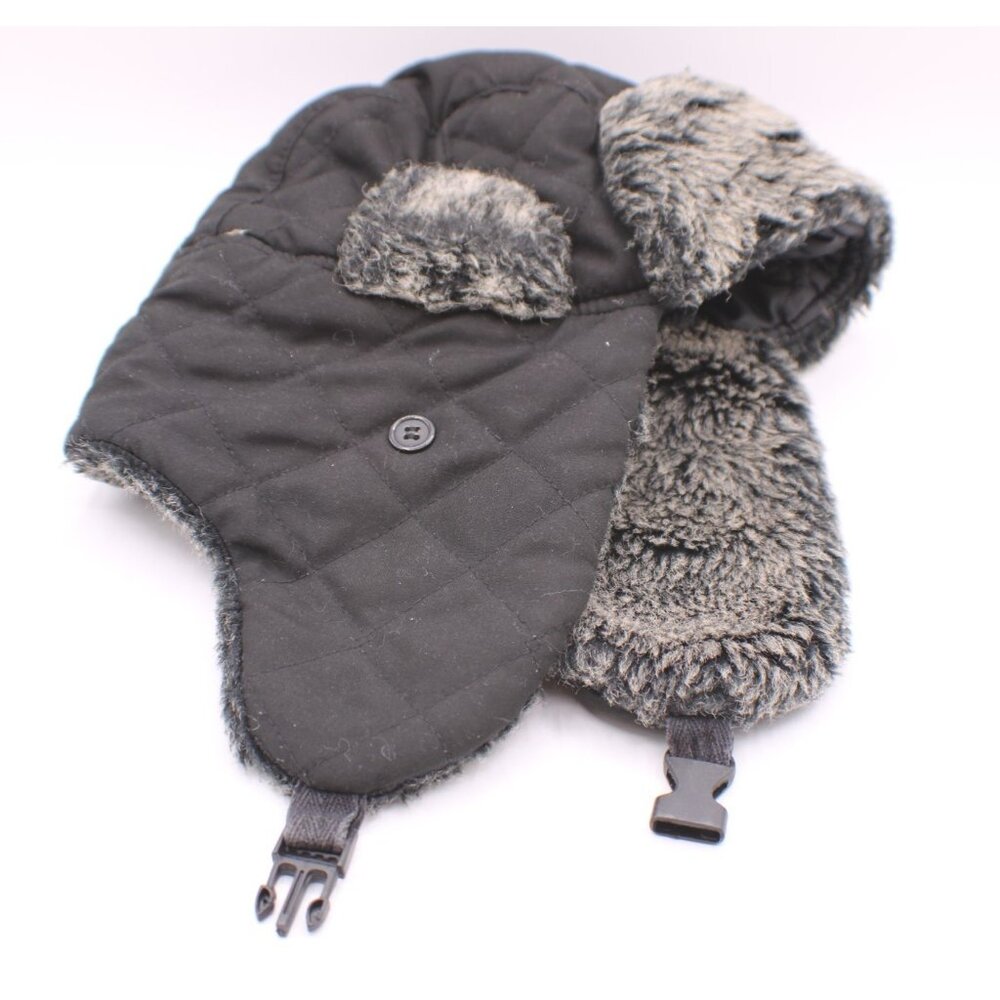 Carbon Elements Black Quilted Faux Fur Trapper Hat Buckle Strap Closure OSFM